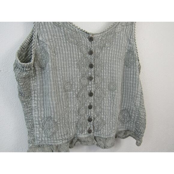 Tera Bora Grey Textured Cropped Tank Top Button Front Embroidery Ruffles XL - Picture 2 of 7